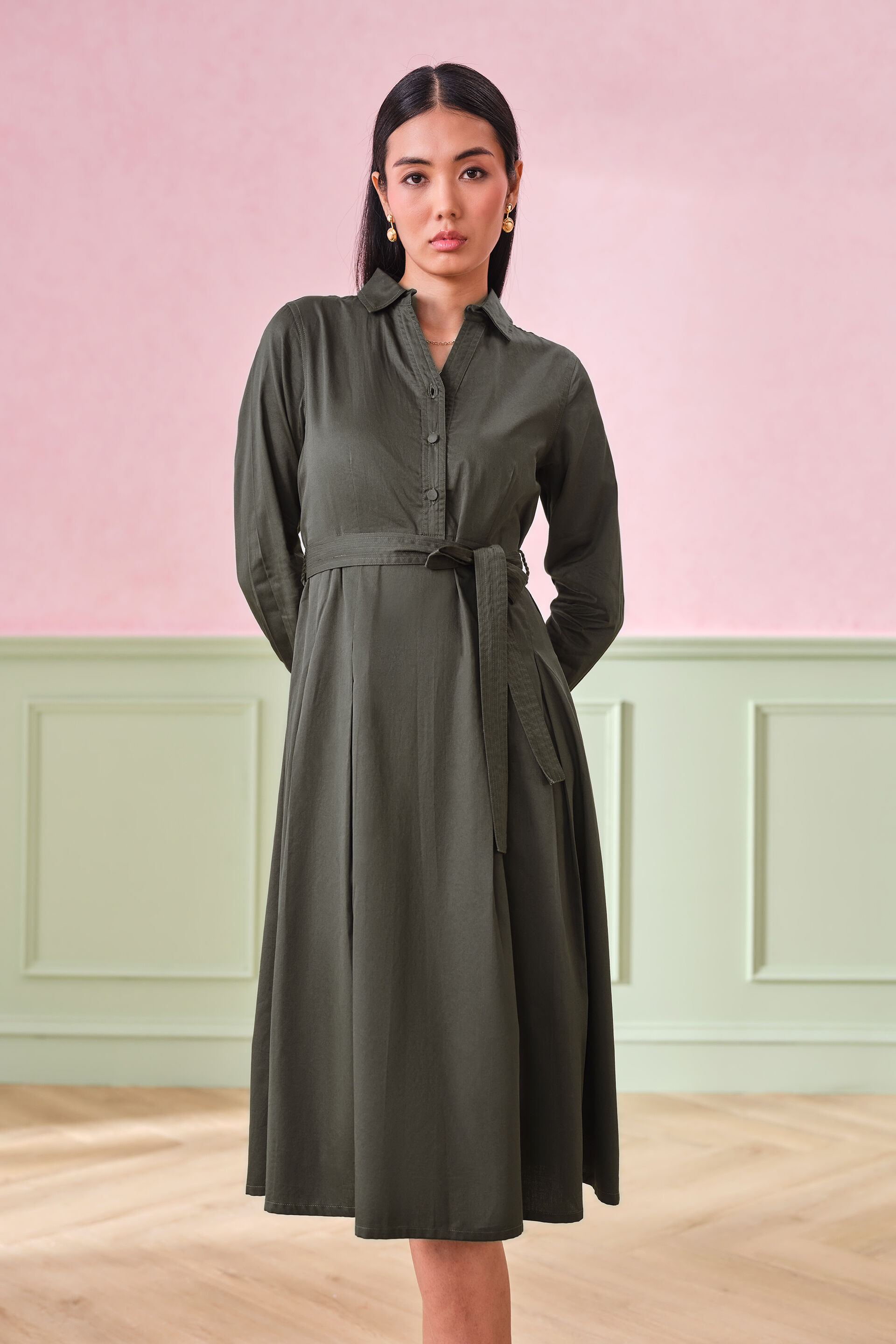 Infinity Pleated Dark Olive Cotton Dress, Olive, image 3